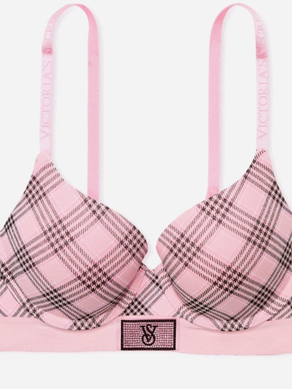 Victoria Secret PINK/Black Plaid Shine Patch PushUp Perfect Shape Bra Sz 38C NWT